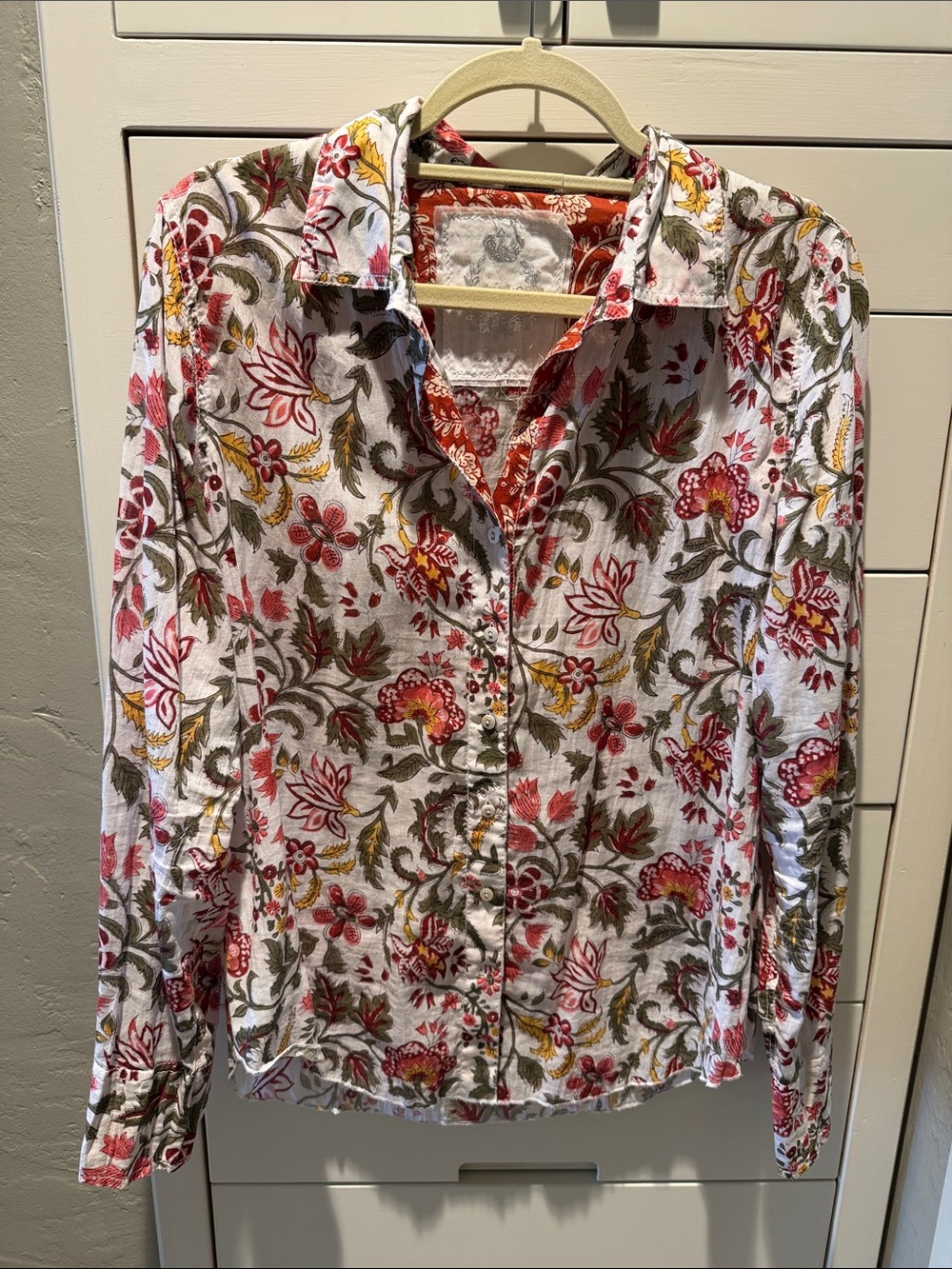 Women's Floral Button-Front Blouse in White with Red & Olive Print